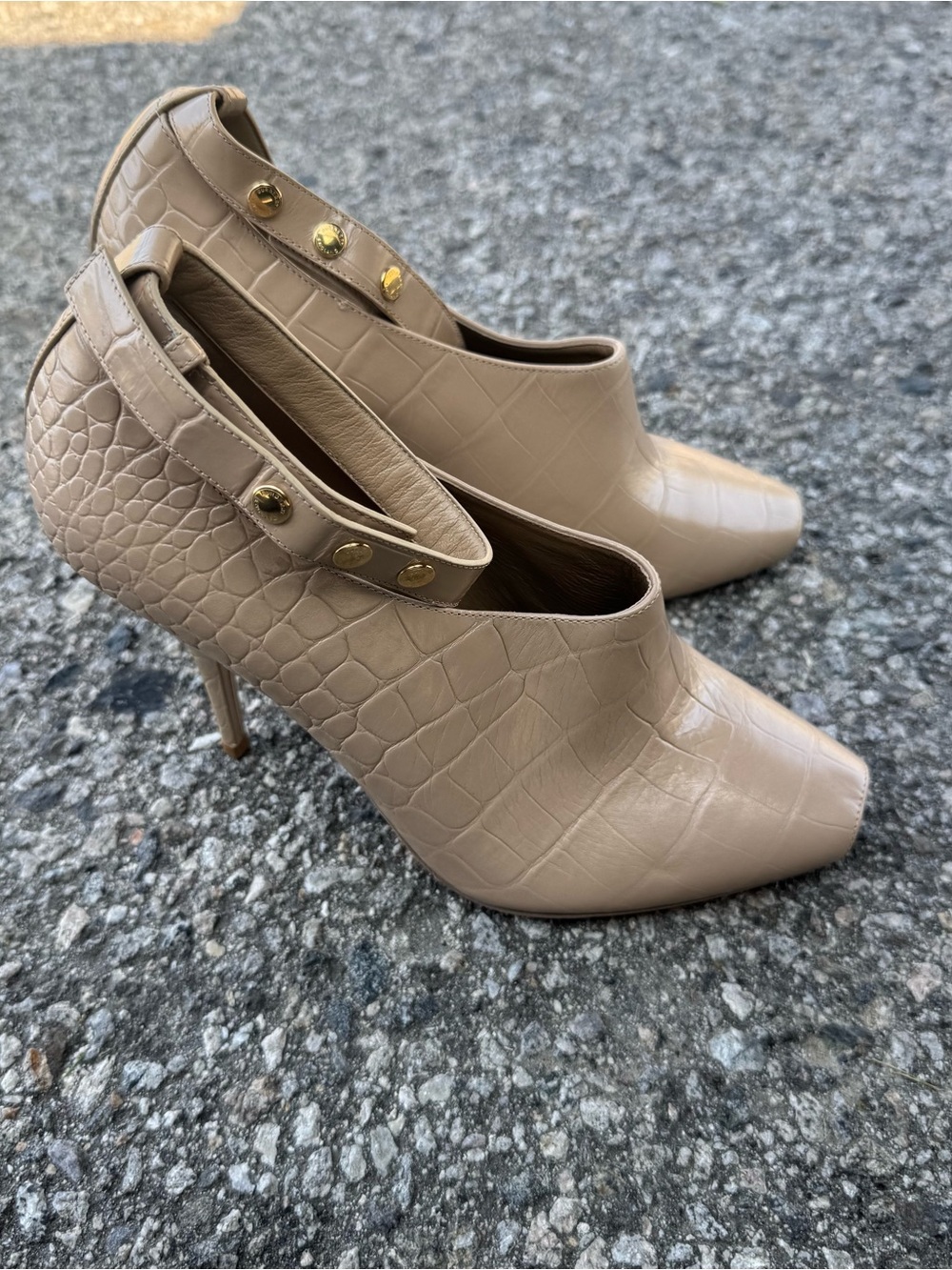 Burberry Taupe Croc-Embossed Pointed Ankle Booties with Gold Studs